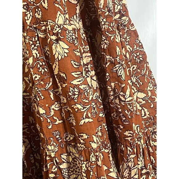Free People Kika Dress Woman's XS Rust Tan Floral Black Hem Trim Tiered Cotton - Picture 2 of 8